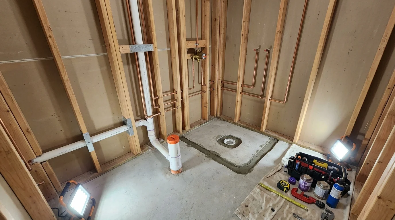 Bathroom rough-in plumbing during remodel by Johns Plumbing LLC in Tamworth