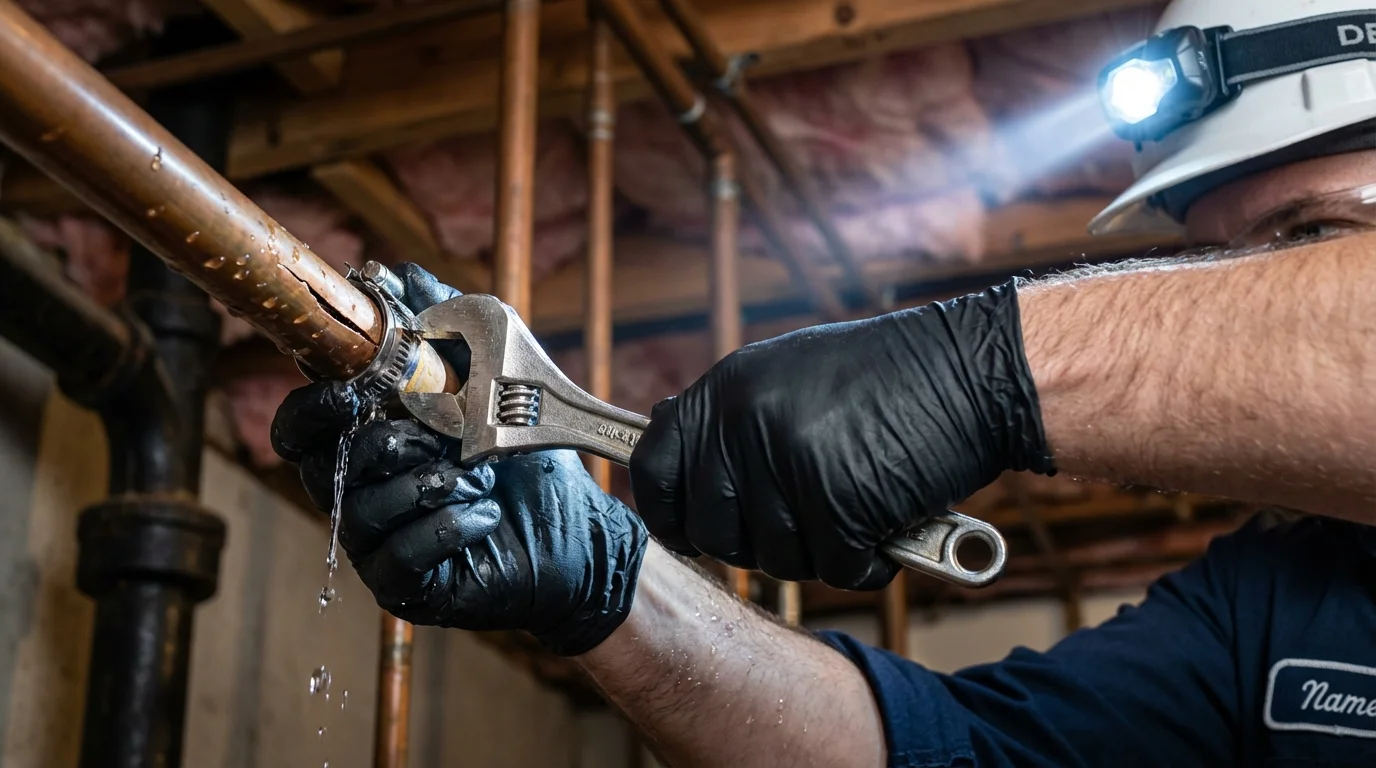 Emergency pipe clamp repair being performed by a Johns Plumbing LLC plumber in Tamworth