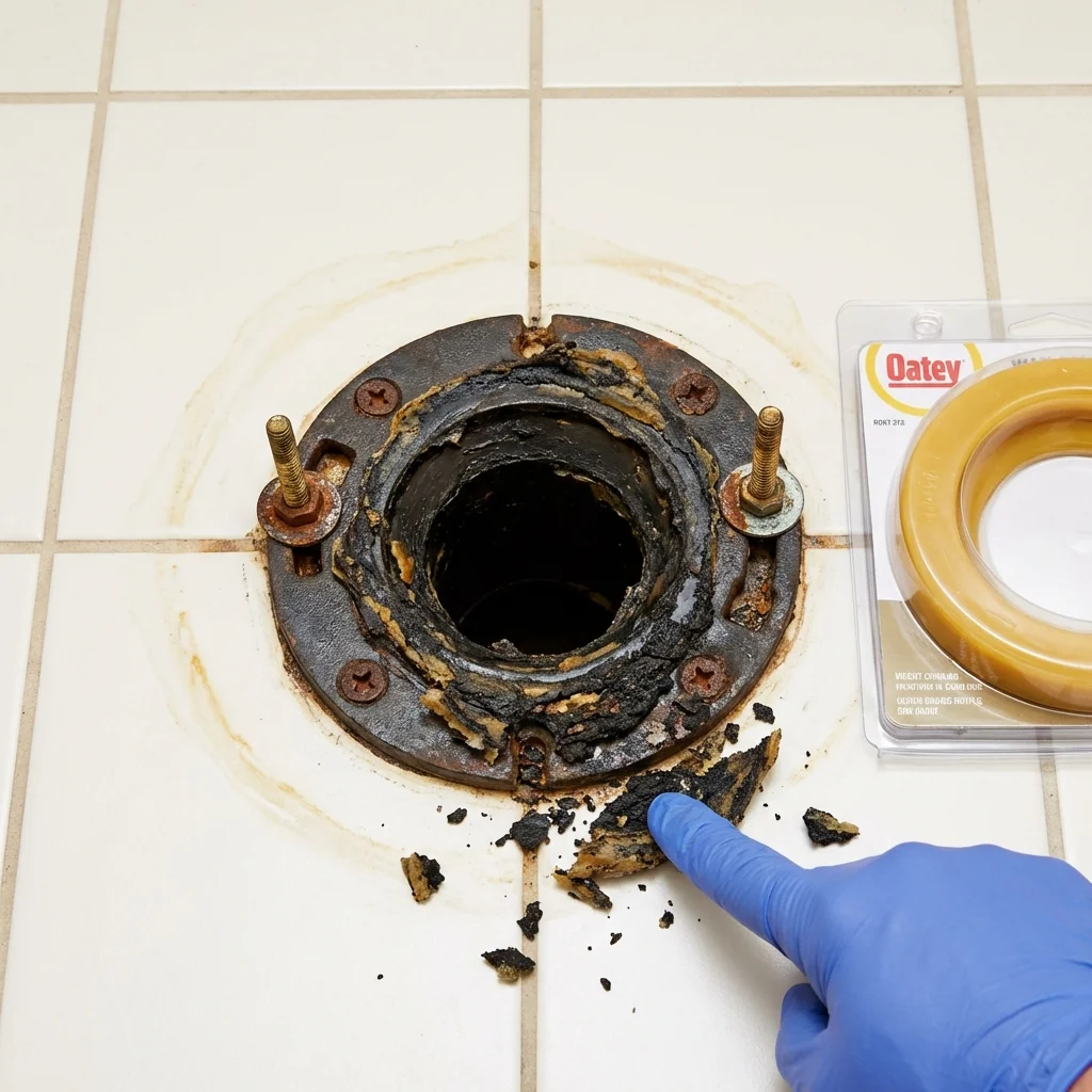 Failed wax ring showing water seepage at the base of a toilet in a Tamworth, NH home