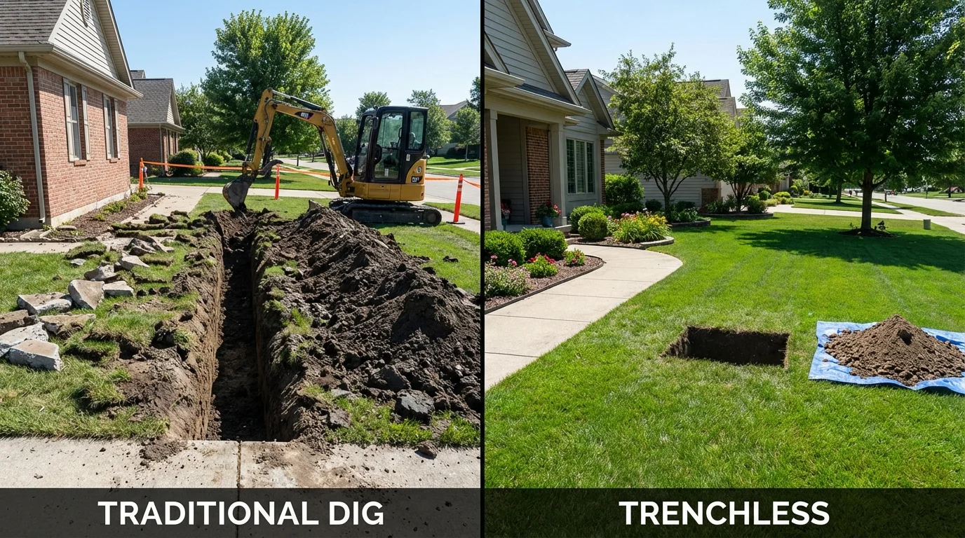 Trenchless sewer repair with minimal yard damage versus traditional excavation in Tamworth, NH