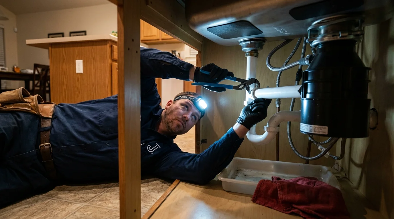 P-trap and supply line connections under a kitchen sink showing a common leak point in Tamworth, NH
